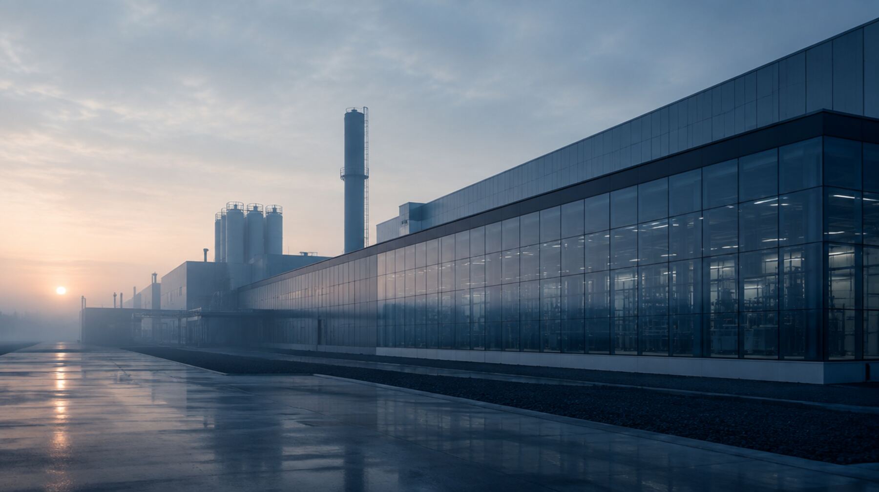 Modern workplace facility at dawn